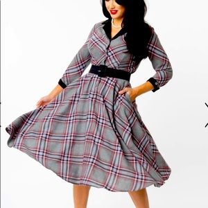 NWOT Unique Vintage Grey & Pink Plaid Draper Swing Dress 💖🖤